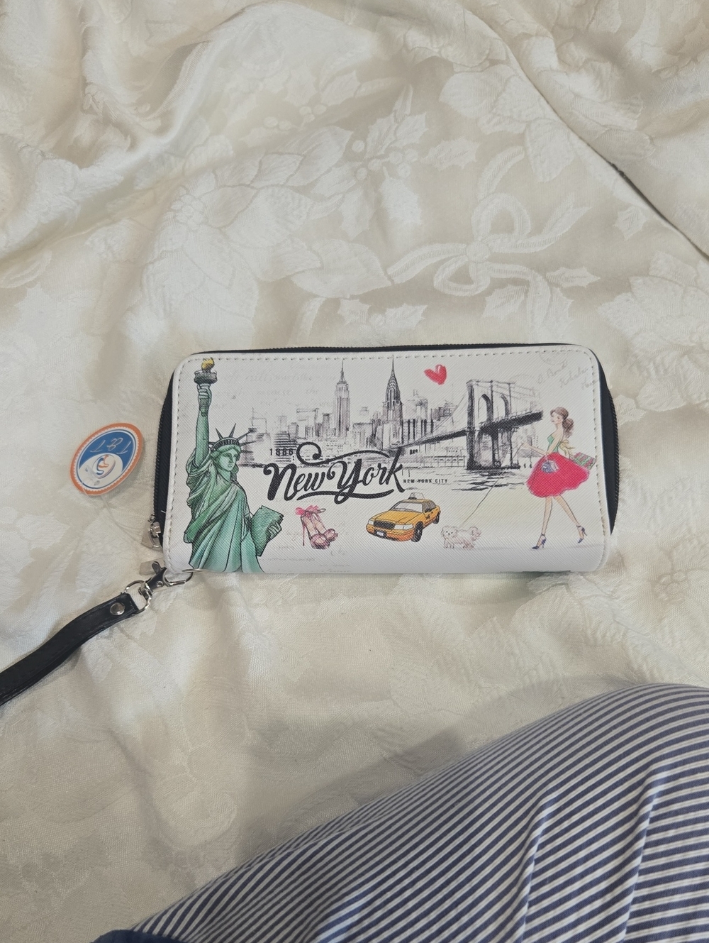 White New York Printed Zip-Around Wristlet Wallet